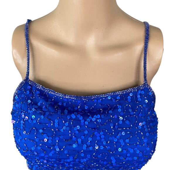 SCALA Vtg Iconic Blue Heavily Beaded Sequin Cut Out Maxi Gown Dress SZ XS - Picture 3 of 9